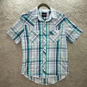 Wrangler Men's Medium Blue Plaid Short Sleeve Shirt Pearl Snaps Lightweight EUC